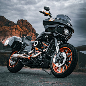 OG Black Highway Peg Crash Bar for Harley-Davidson M8 Softail with Mid Controls installed on a Harley-Davidson FXLRST Low Rider ST 2024